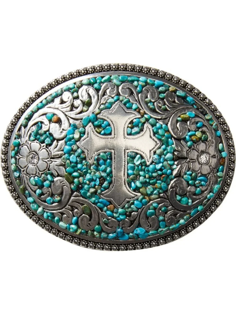 Stylish Women's Buckle with Silver Cross Design and Sparkling Stones